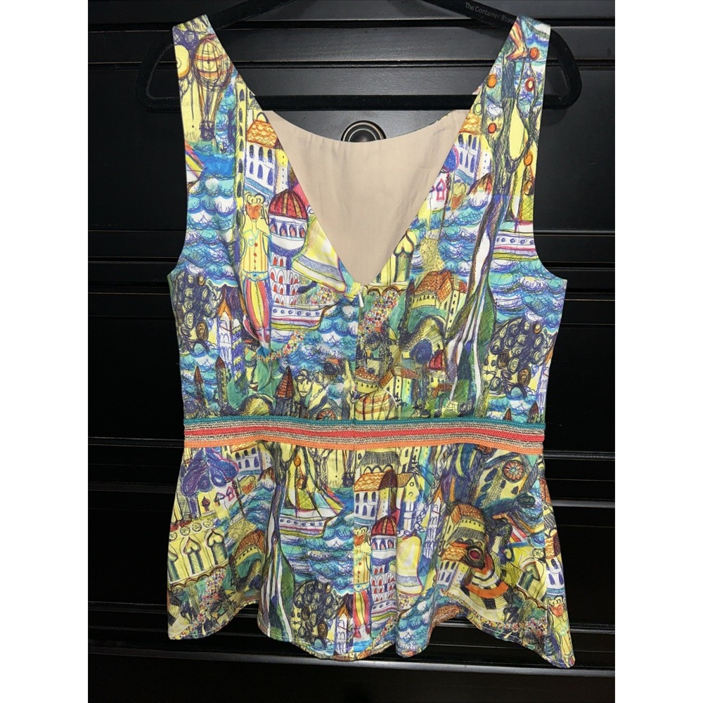 Anthropologie Weston Womens Sz S Peplum Top Illustrated Cityscape Sleeveless Art - Picture 5 of 7